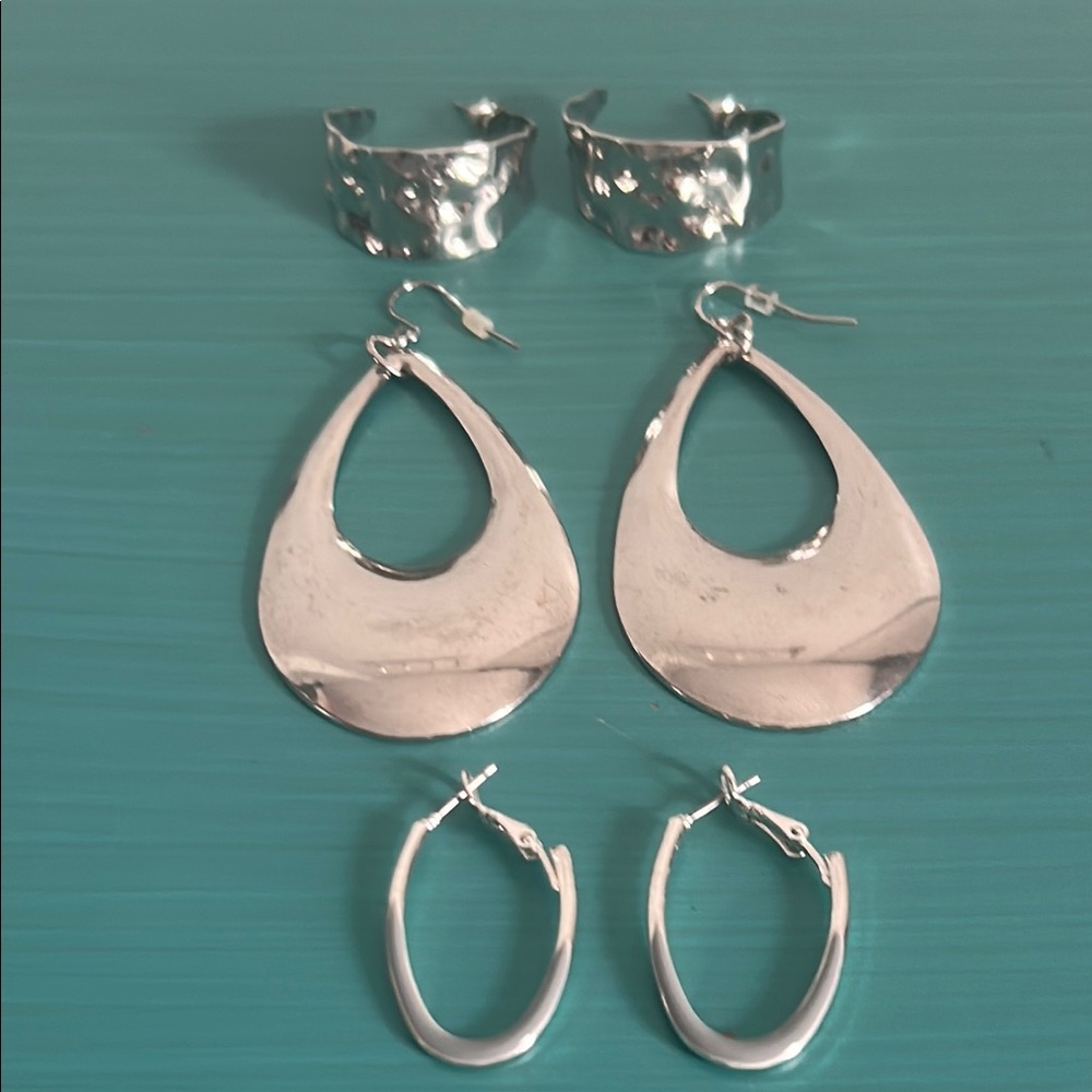 3 Pair Set of Textured Silver Tone Hoop Dangle Fashion Earrings